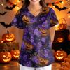 Damen Halloween Print Lockere Passform V-Ausschnitt Tasche Kurze Ärmel Medizinischer Kasack Krankenschwester Uniform Arbeitskleidung