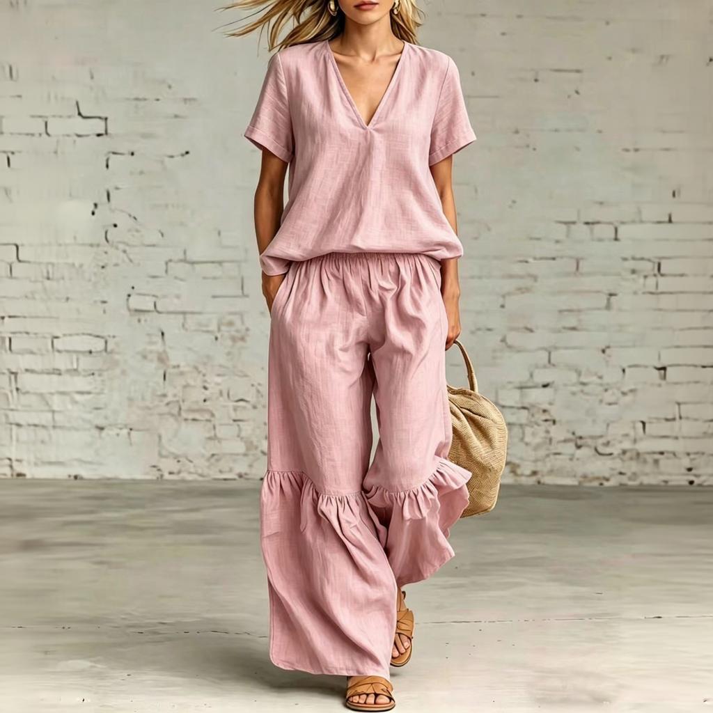 Women's V-Neck Short Sleeve Loose Fit Top and Casual Pants 2-Piece Set Color Outfit