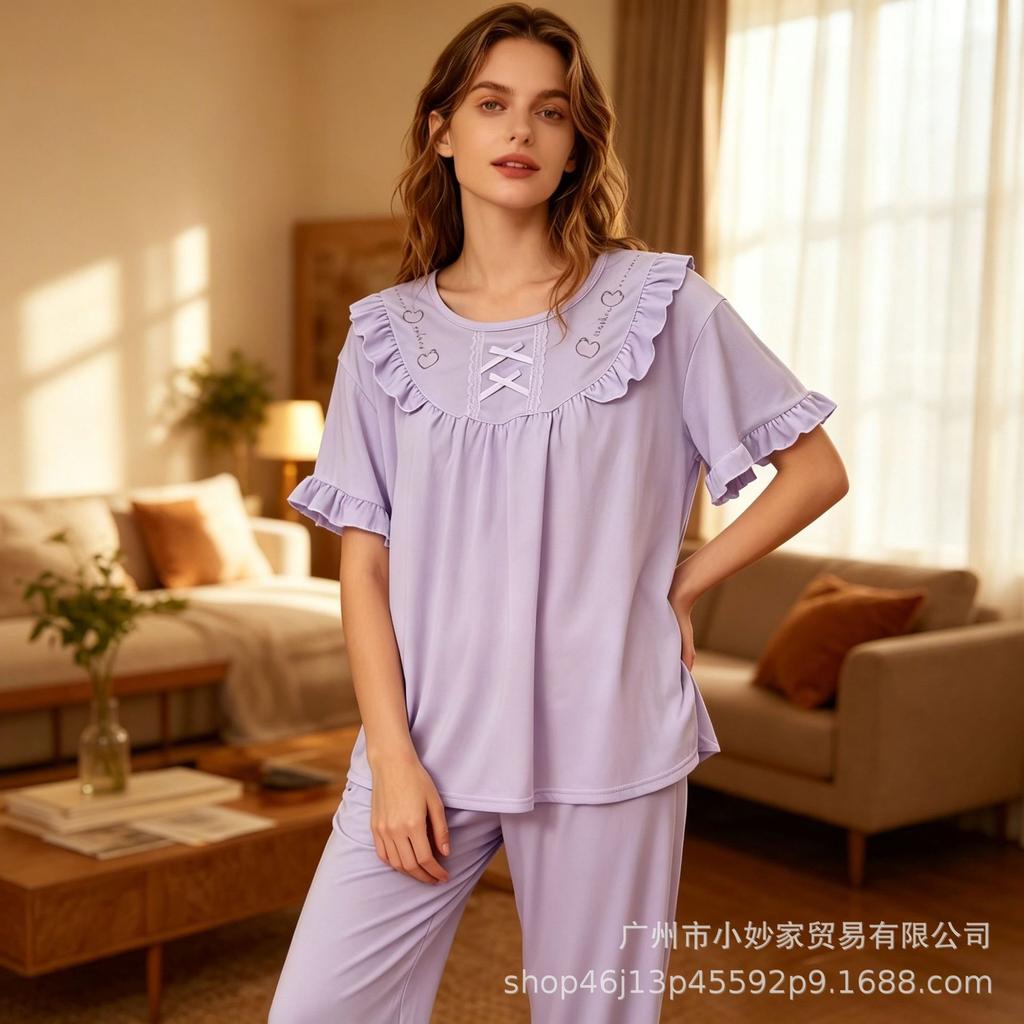 Women's pajamas set imitation cotton fabric lace short sleeves trousers sweet loungewear new explosion