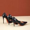 Fashion Black Patent Leather Side air Pointed Toe Red Rubber Bottom Women High Heels Party Shoes Sexy Ladies Dress Stiletto Pumps 44 45