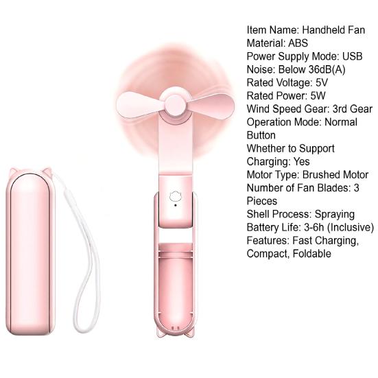 Mini Portable Fan Foldable Rechargeable Handheld Fan with 3 Speeds Low Noise Fan with Lanyard Fun Summer Gift for Travel Office Outdoor