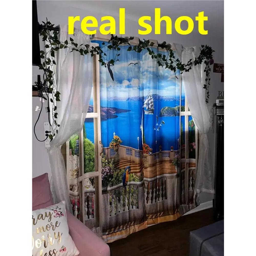 2 Stück Meer Balkon Architektonische Landschaft Halbverdunkelnd Druck Vorhang Für Wohnzimmer Schlafzimmer Badezimmer Heimdekoration Ösenaufhängung