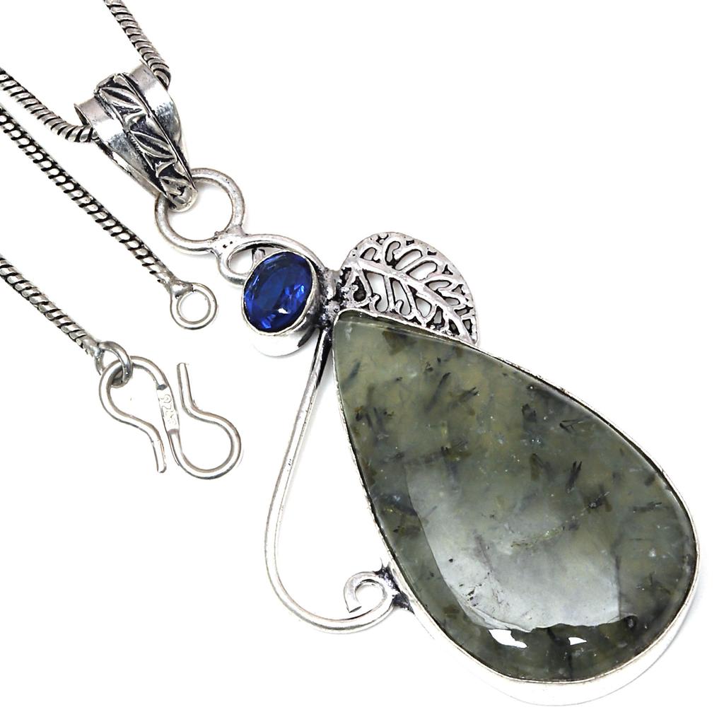 Pendant Prehnite Marlene  Swiss Blue Gemstone Silver Jewelry 2.5"
