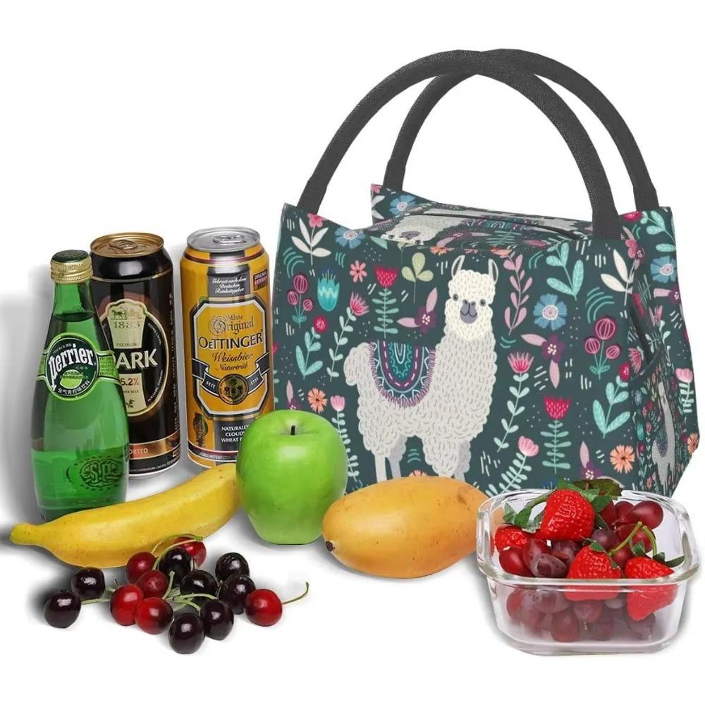 Cute Llama with Floral Thermal Lunch Bag Insulated Lunch Box Meal Prep Cooler Tote for Picnic Camping Work Travel