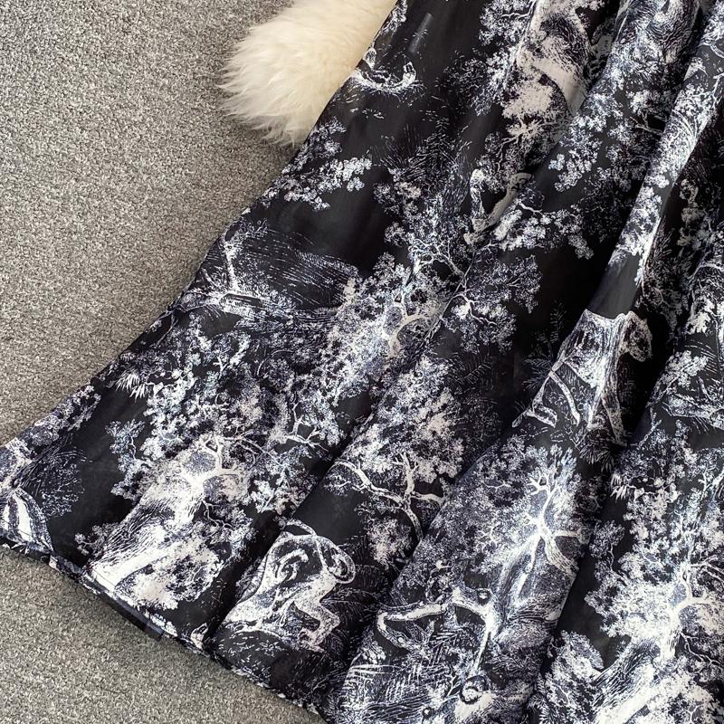 RUGOD 2022 Sommer Ny Revers Kortermet Lett Velkjent Stil Over-kneet Retro Print Kjole Elegant Midje og Stor Sving Lang Kjole