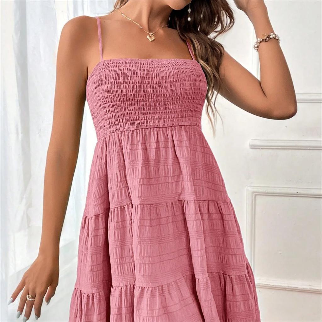 2025 European and American Women's Summer New One-piece Neck Slim Suspender Solid Color Versatile Texture Dress