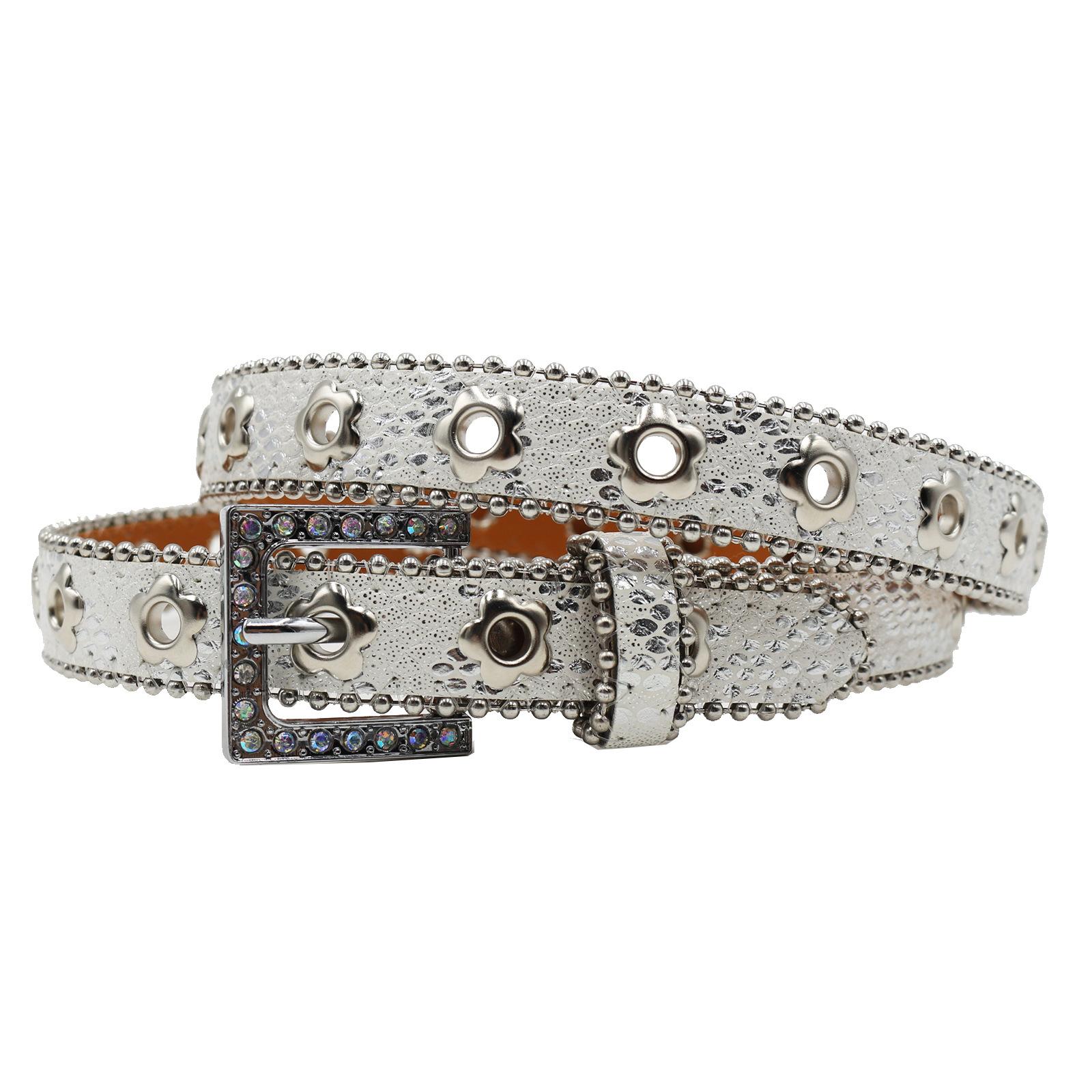 

Crystal Western Belt with Flower Eyelet for Women and Men Unisex Popular PU Leather Waiststrap for Various Outfit 95 срібний