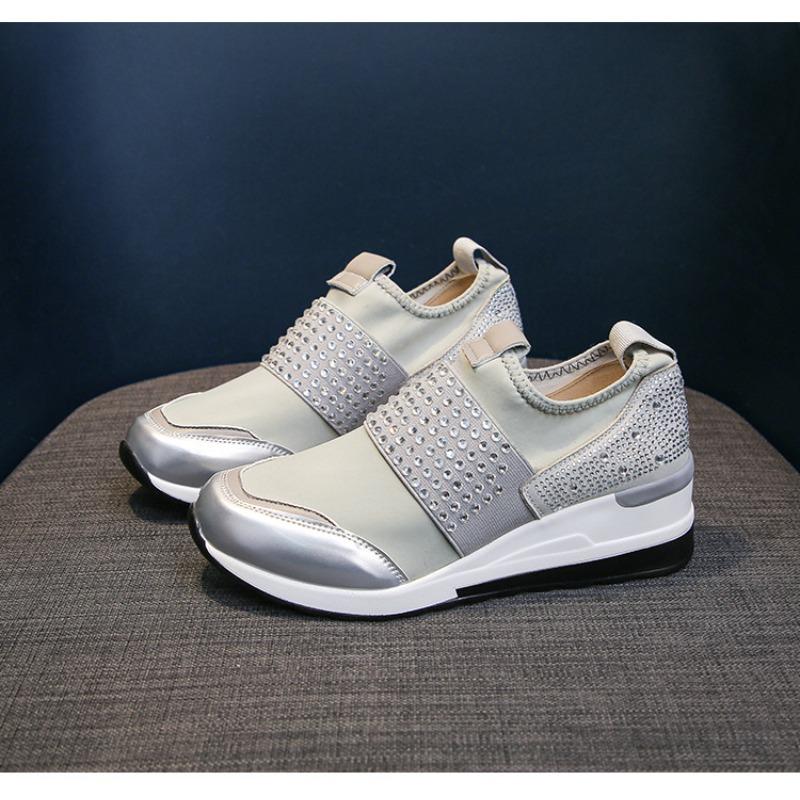 2025 Spring Korean Style Wedge Heel Rhinestone Slip-On Casual Flats for Women - Plus Size Round Toe Thick Sole Dad Shoes