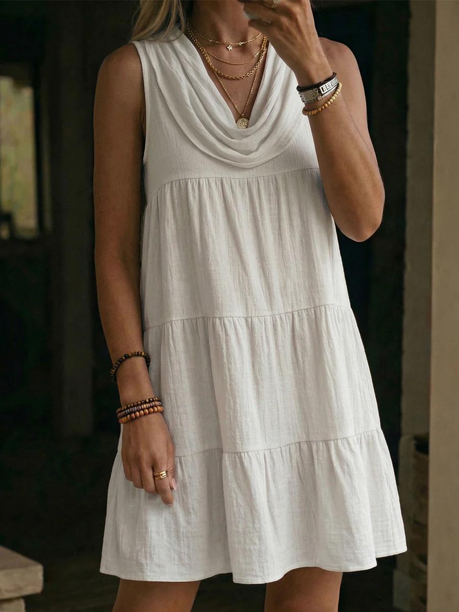 Women Sleeveless Tiered Ruffle Dress Light Blue Stacked Neck Casual Dress S