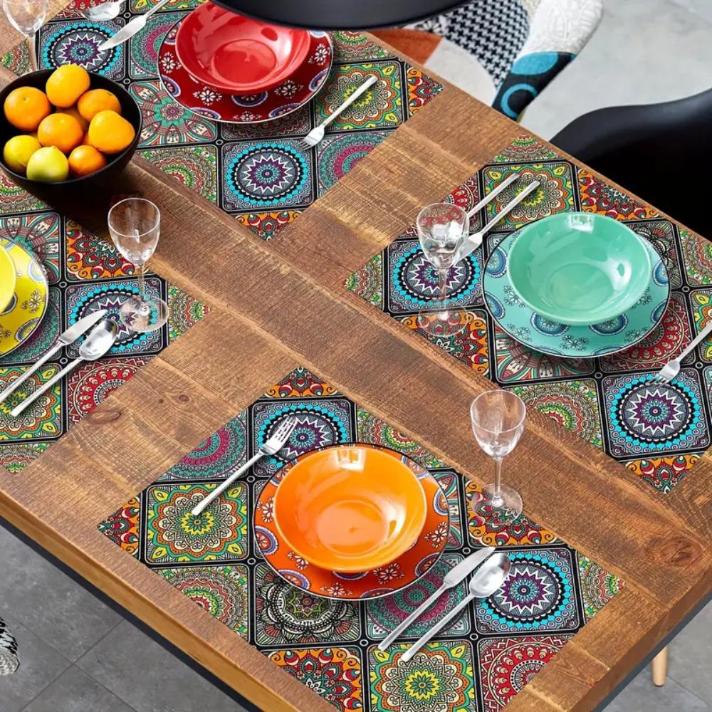 4Pcs Rectangular Boho Mandala Placemats Linen Floral Dining Mats Geometric Table Mat Dinner