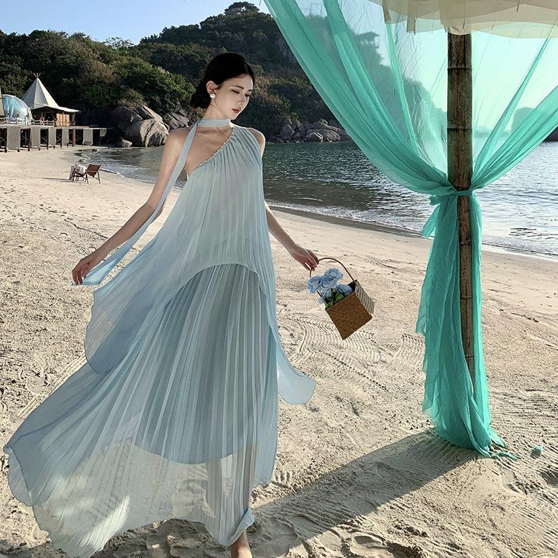 Travel Wear Seaside Vacation Beach Suit Skirt French Temperament Blue Chiffon Slanted Shoulder Top Two-piece Set