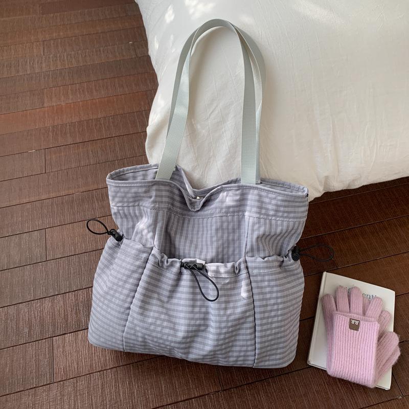 Relaxed Chic Tote Bag, Korean Plaid Drawstring Shoulder Bag, Soft Ruched Fabric With Large Capacity, Women Casual Shopping Bag
