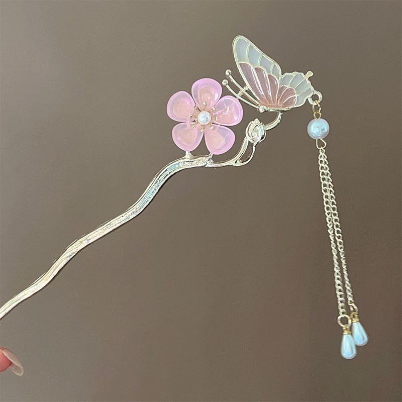 Pink/White/Blue Flower Hair Sticks Gold Color Alloy Hair Pin Ancient Chinese Floral Headpieces Pearls Pendant Hair Jewelry