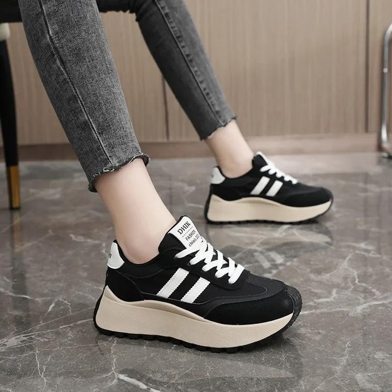 Spring Thick Bottom Women's Shoes 2025 Summer Casual Patchwork Leather  Ladies Femme Sneakers Casual Vulcanised Shoes