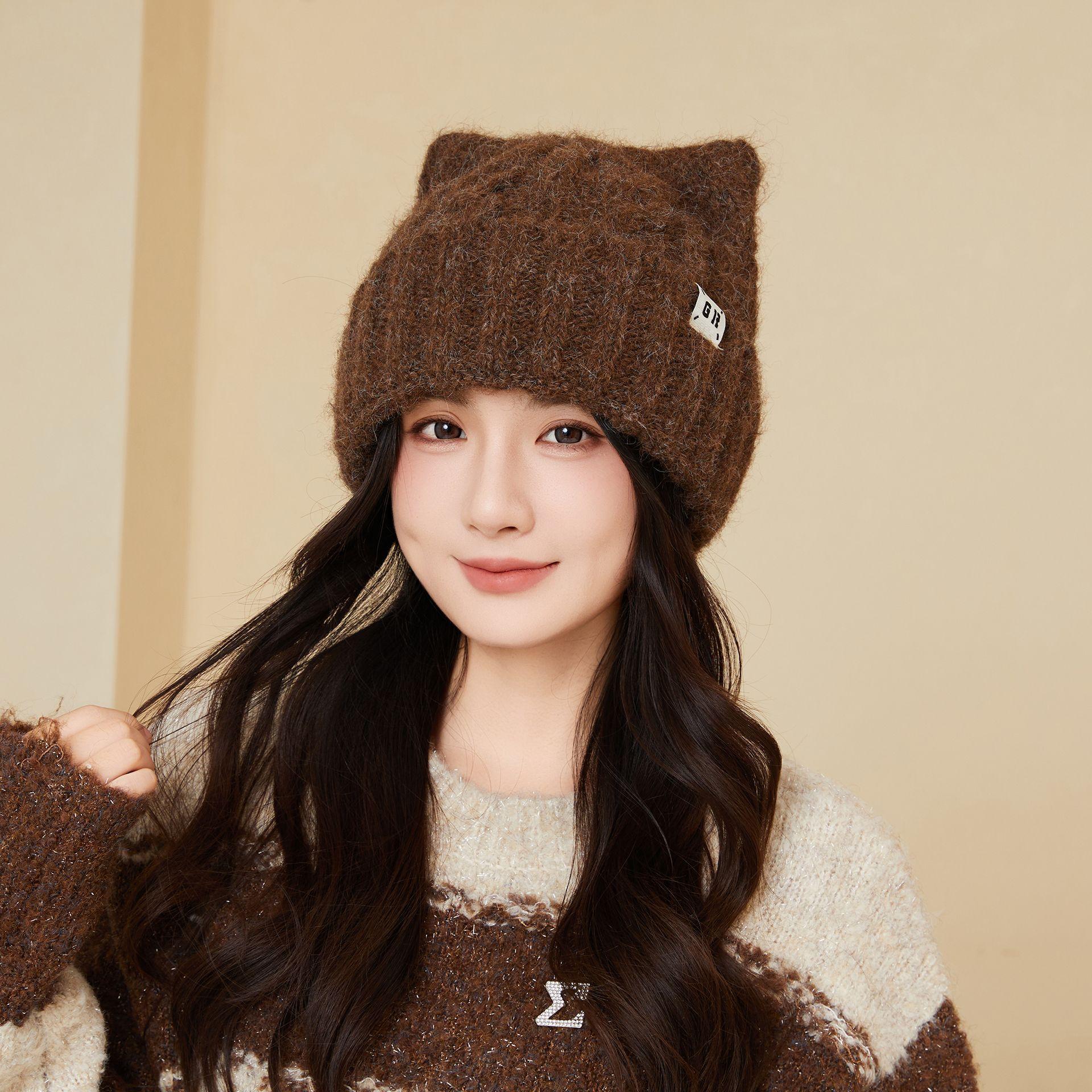 

Japanese Autumn and Winter Knitted Hat Women s Fashion Letter Warm Ear Protection Anti Cold Hat Cute Cat Ears Pullover Hat One Size