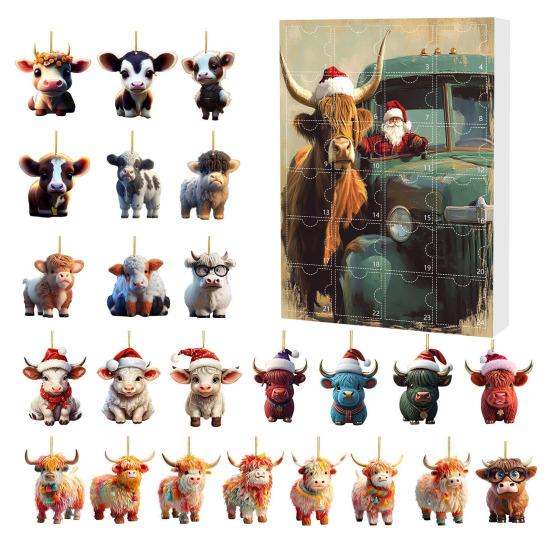 Yousheng Highland Cow Ornaments Advent Calendar 2025 24 Days Christmas Countdown Calendar with Cartoon Cows Ornament for Xmas Tree Decor