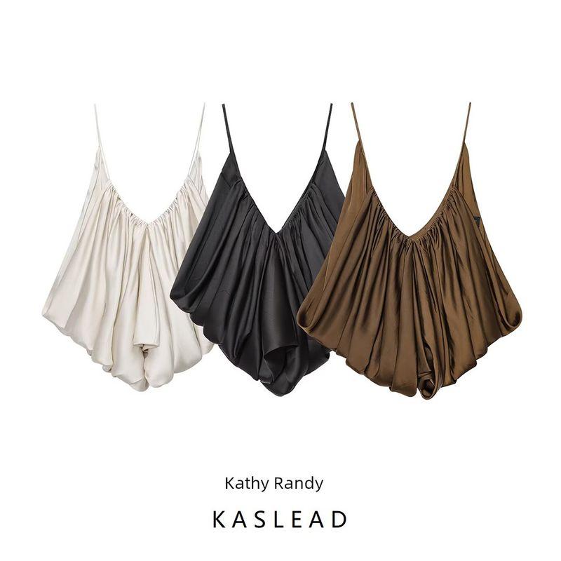 Kaslead New Women Clothes Western Style Versitile Fashion Silk Satin Texture Pleat Top 3776019