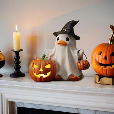 Halloween Statue Halloween Decor Spooky Halloween Witch Ghost Figurine with Candy Corn Pumpkin Decor Ghost Duck Resin for Home