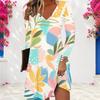 Women Plus Size V Neck Long Sleeve Printed A Line Flared Hem Dress