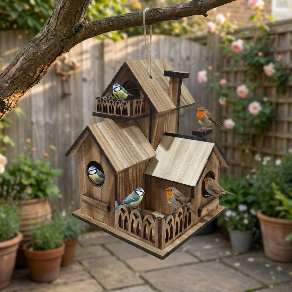 Handmade Wooden Bird House Multiple Holes Bird Feeder Weather Resistant Outdoor Birdhouse Backyard