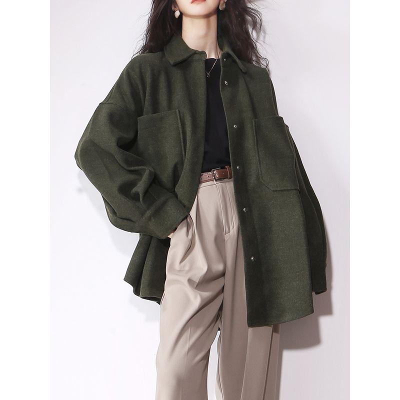 

Woolen Bandage Dress Mix and Match Retro Casual Pocket Shirt Khaki M