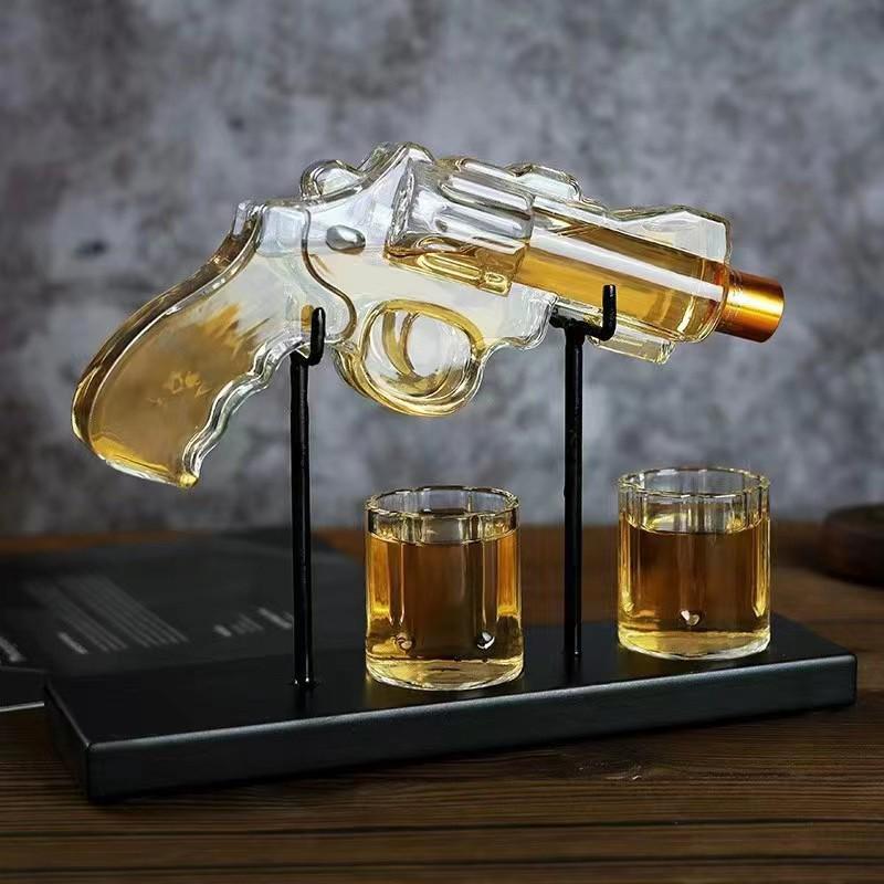 Glass Revolver-Style Handgun Decanter and Wine Dispenser Set