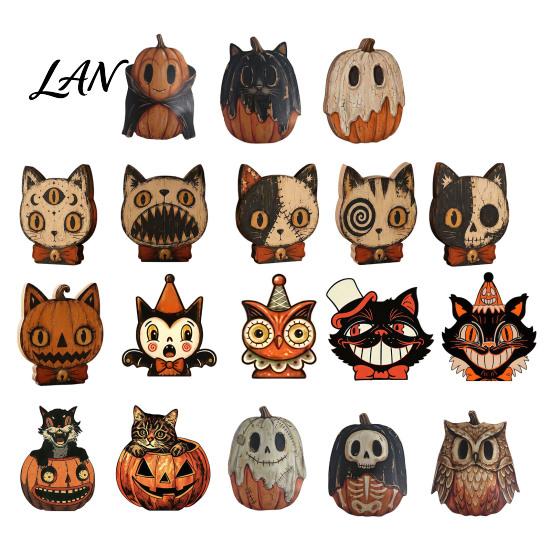 Decorative Wood Painting Art Halloween Wooden Ornaments, Distressed Pumpkin/Cat Decorations, Desktop & Wall Durable Tabletop Decors for Autumn Harvest