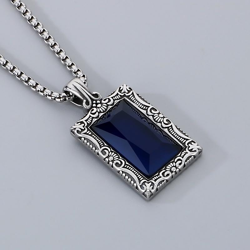 Hip Hop Personalized Black Gemstone Rectangle Pendant Necklace for Men Vintage Stainless Steel Charm Pendant Gift Trendy Jewelry
