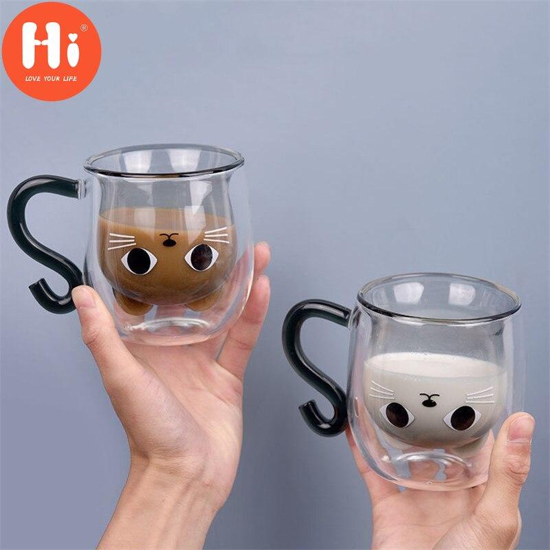 Hallo Doppelwandiges Glas Milch Saft Tasse Kreative Nette Katze Form Kaffeetasse Cartoon Paar Teetasse mit Deckel Haushalt Büro Drinkware