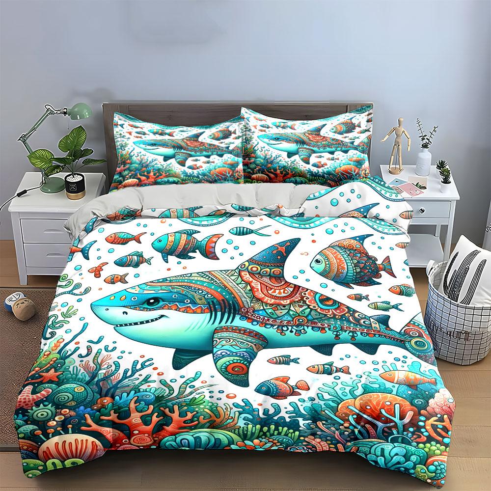 Colorful Ocean Shark Decor Set Multiple Sizes Kid'S And Adults' Bedroom Exquisite 3Pc Bedding Set, Gift