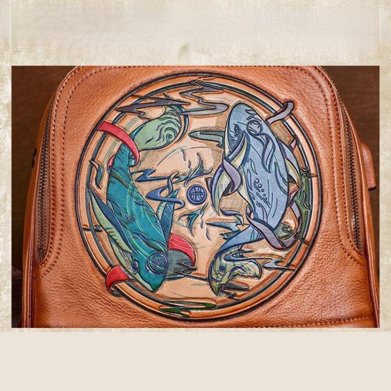 Johnature Rucsac vintage din piele naturală, lucrat manual în relief, pentru femei, pentru petrecerea timpului liber, rucsacuri de călătorie din piele naturală de vacă de mare capacitate