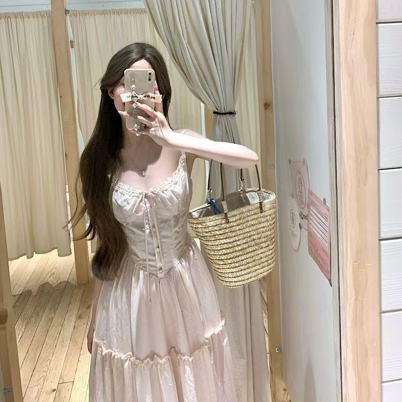 Pink French Lace Patchwork Camisole Dress - Gentle Summer Vacation Style Fairy Long Dress