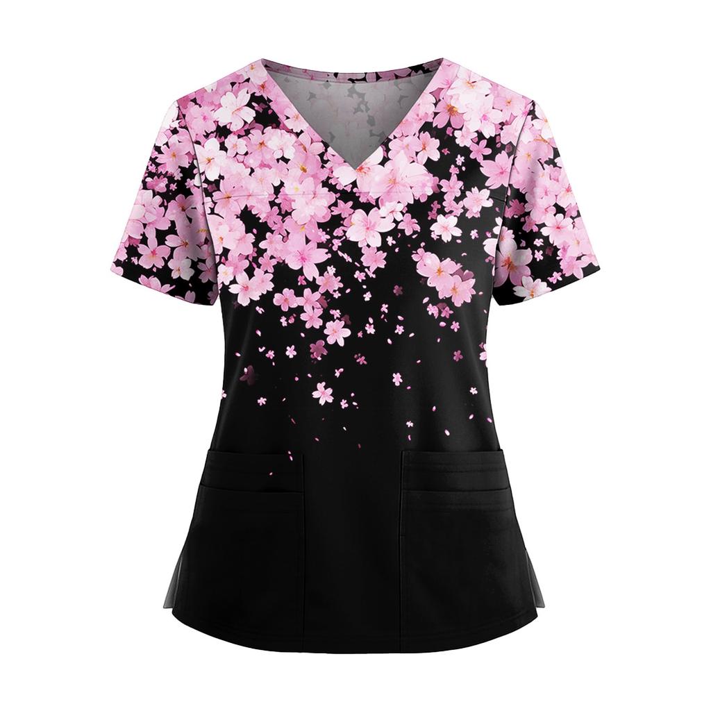 Top Casual de Mujer Estampado con Cuello en V, Bolsillo y Abertura Lateral, Manga Corta