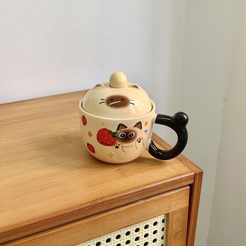 Siamese Cat Mug with Lid Spoon Cute Ceramic Cup for Women Home Office Coffee Breakfast Cup Birthday Gift