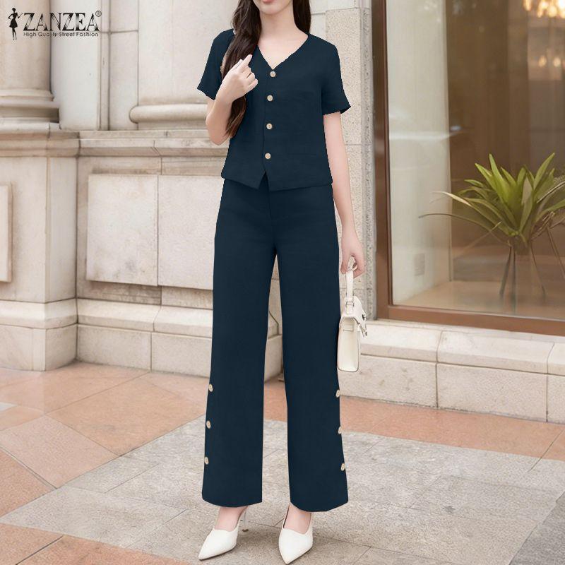 ZANZEA Women Short Sleeve Blouse and Pants Summer Two Piece Suit Sets