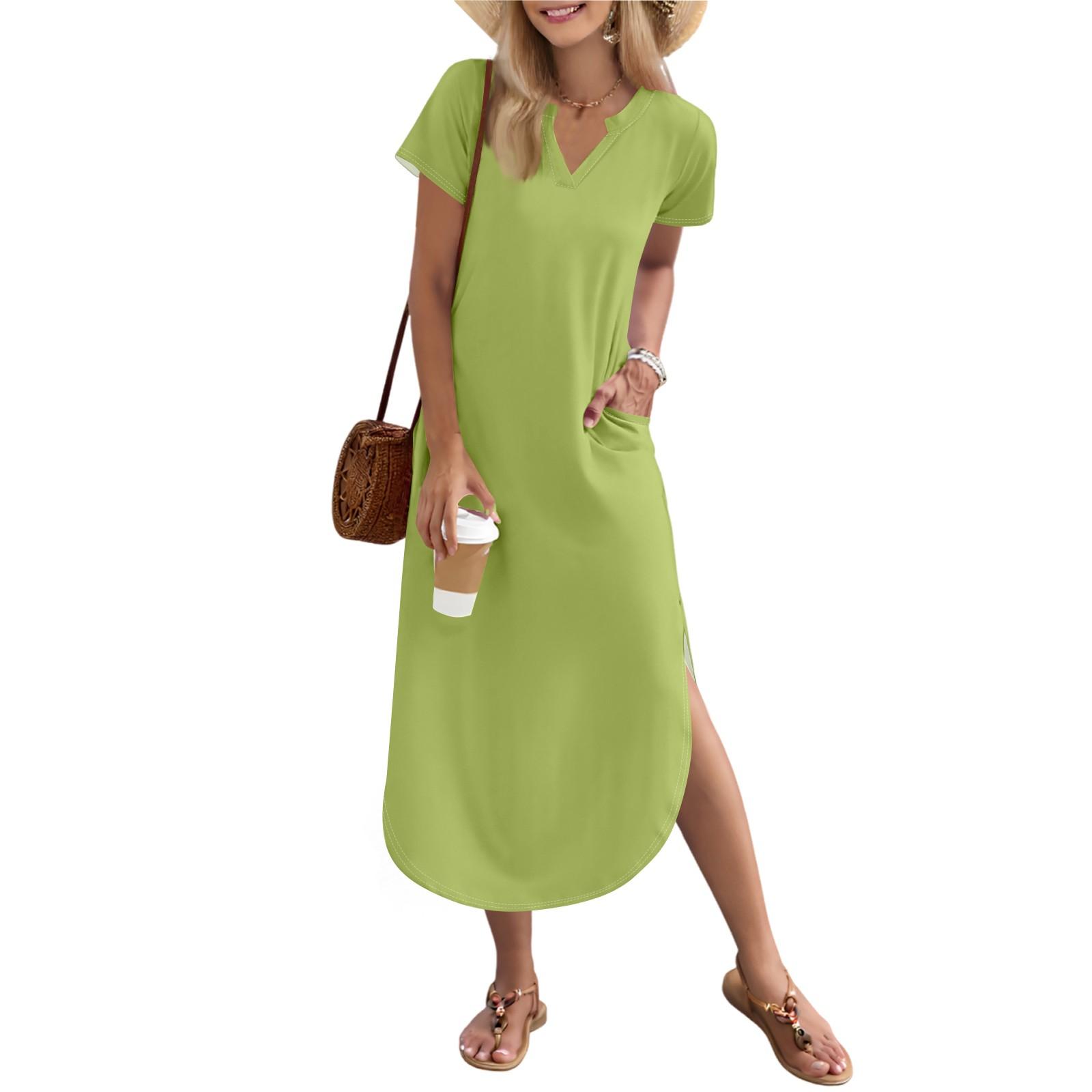 

Женское длинное платье-рубашка с V-образным вырезом, повседневное, с коротким рукавом и свободным разрезом XL красный