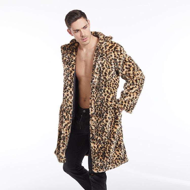 Imitation fur coat autumn and winter men's new imitation fur, jacquard leopard print large lapel collar long coat large