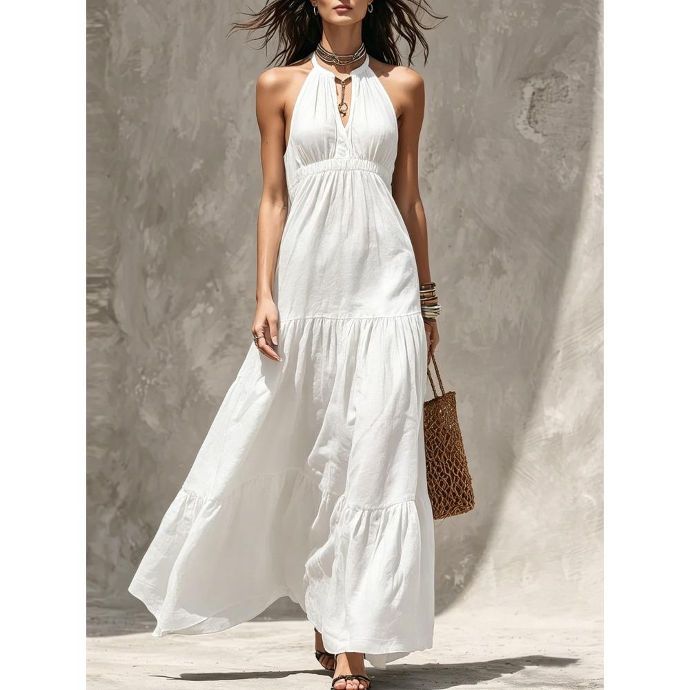 Women s Halter Neck Sleeveless Maxi Dress A-Line Waist Casual Beach Sundress S