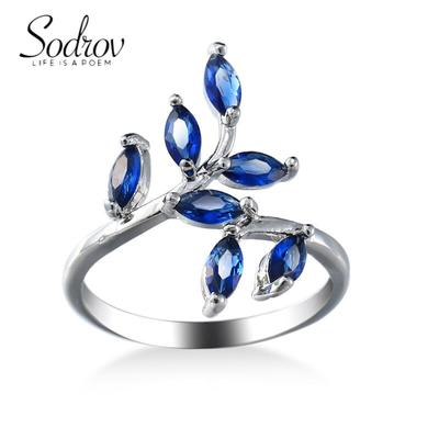 SODROV  Jewelry Blue Zircon Tree Leaves Rings for Women Wedding Engagement Ring