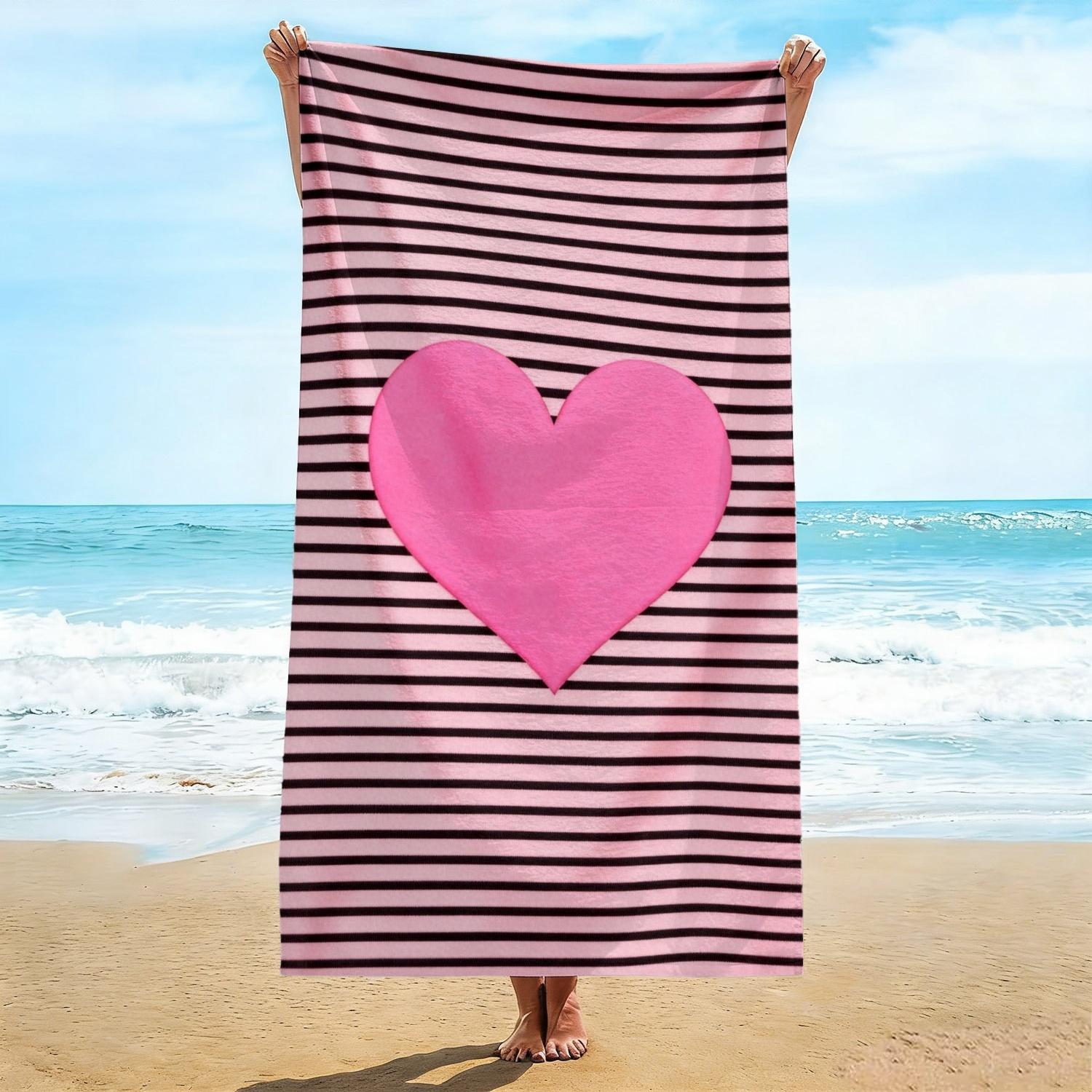 

Oversized Striped Heart Towel, Microfiber Quick Dry Pink Stripe Love Print Bath Towel, Large Pool & Travel Beach Blanket 1pcs W40*H60(CM)