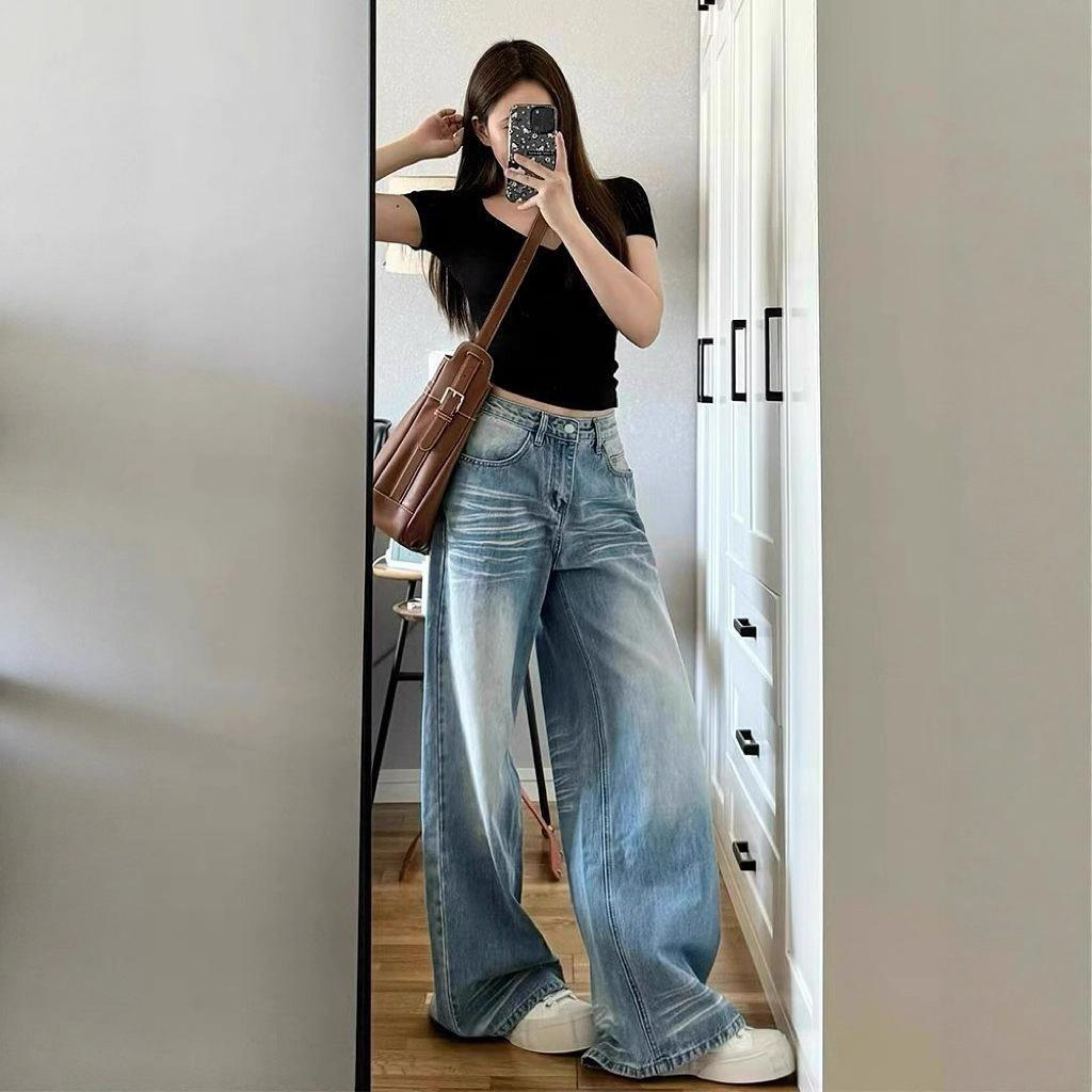 Blue Plus Size Straight Jeans Female Autumn Loose High-waisted Small Person Wide Leg Trailing Long Trousers Jeans for Women Long Denim Pants