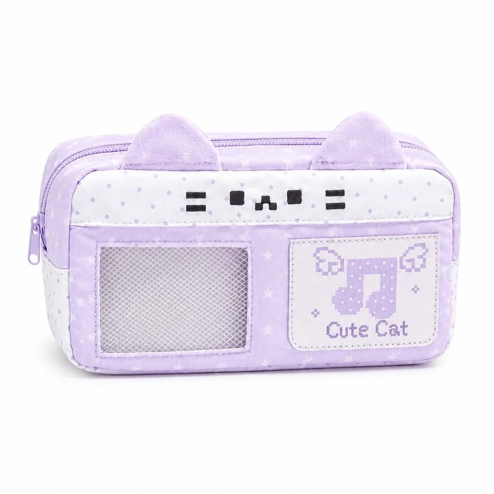 Durable Pixel Music Not Print Pencil Case Cat Ear Design Large Capacity Pen Bag Pencil Pouch Students