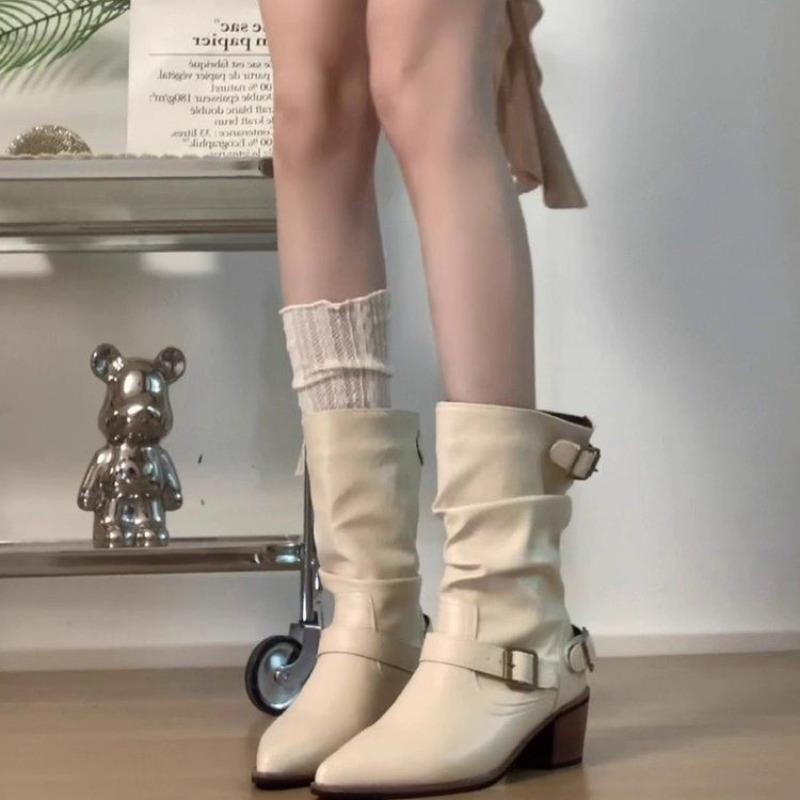 Boots Women's Summer New Premium Belt Buckle Martin Boots Pointed Thick Heel Pile Boots Western Cowboy Boots