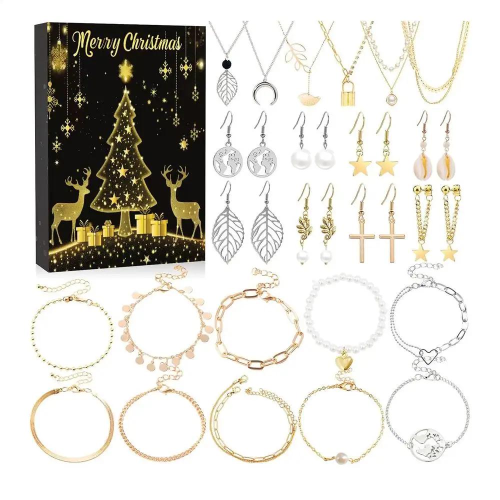 Weihnachts Schmuckkalender Adventskalender 24 Tage 2025 Weihnachts Adventskalender Mädchen Ohrring Armband Set Feiertagskalender für Frauen Mädchen