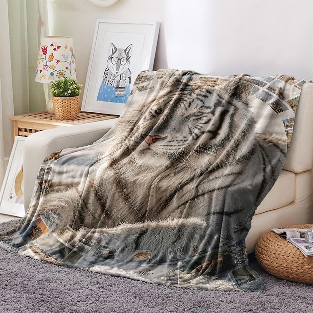 White Tiger Print Flannel Blanket, High Quality Comfortable for All Seasons, Home Decor, Warmth and Comfort, Perfect for Christmas Gifts