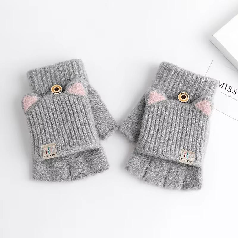 Winter Women Knitted Gloves Thick Woolen Female Mittens Cute Flip Fingerless Exposed Finger Girl Gloves For Cycling Hand Warmer
