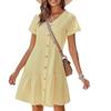 Summer Women's Short Sleeve Dress, Single Breasted Loose A-line Dress with Pockets Ruffle Hem Casual Dress