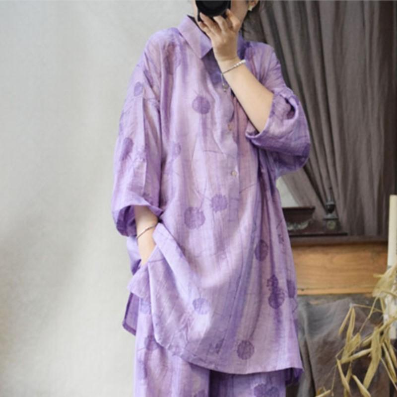 Johnature Women Vintage Jacquard Shirts Tops Turn-down Collar Seven Sleeve Cloths Summer Loose Mid-length Shirts