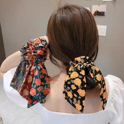 Hair Tie Floral Print Long Ribbon Chiffon Fabric Hair Rope Easy To Wear Bun Half-Tied Hairstyles Ponytail Holder Hair Accessory