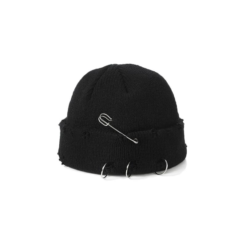 Winter Harajuku Y2K Beanies Knitted Hat Women  Warm Thick Flanging Metal Ring Short Hat Unisex Basic Cap